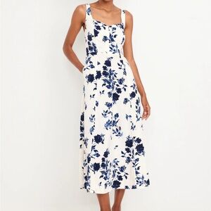Old Navy Fit & Flare Linen-Blend Midi Dress, Blue Floral! Women’s Size Large